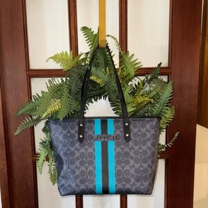 Coach Gray Signature Tote with Teal and Black Stripes